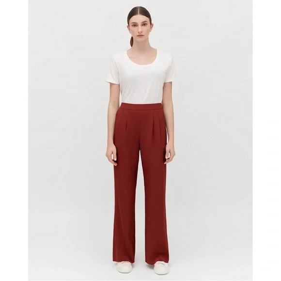 Cuyana Silk High Rise Pleated Wide-Leg Trouser Pant in Poppy Red - Picture 1 of 8
